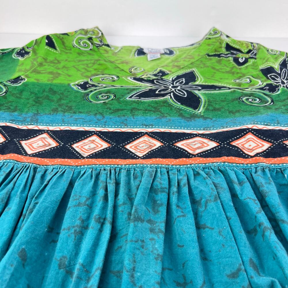 Only Necessities Maxi Dress Women's Blue Green Boho Mumu Cotton Dress 1X - Picture 7 of 11